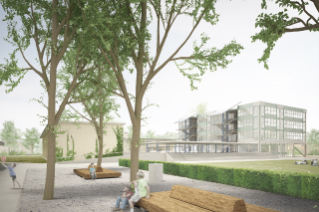 Visualisierung Schulanlage Luchswiesen Siegerprojekt LYNX ‒ Blick auf den Neubau über das Rasenspielfeld (Visualisierung: Parameter Architekten GmbH, Zürich)